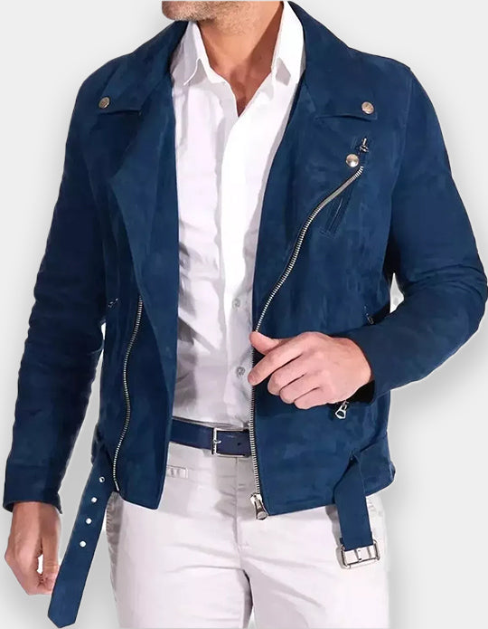 Men's Blue Suede Leather Jacket 100% Pure Suede Soft Leather Moto Biker Jacket